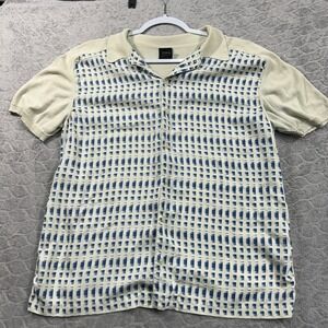 The Collection Men's L 100% Silk Shirt Cream Blue Geometric Retro Button Polo